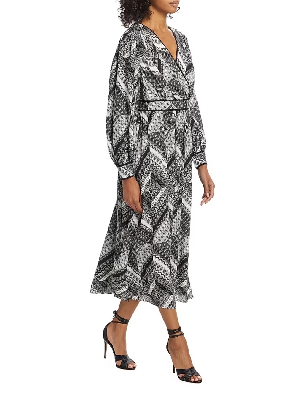 NWT Elie Tahari Black & White Geometric Silk Long Sleeve Midi Dress “The Caelan”